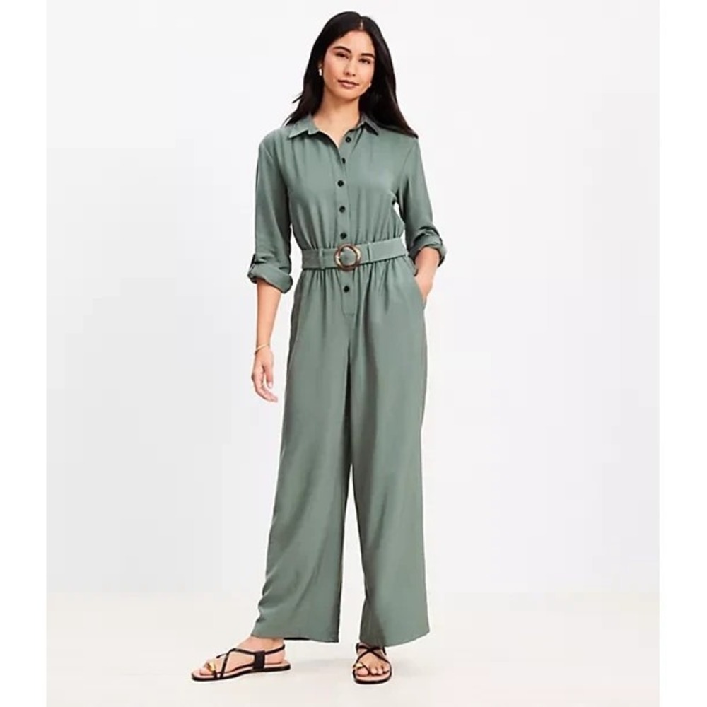 LOFT Women's 6 Green Belted Wide Leg Jumpsuit Long Sleeve Twee Preppy
